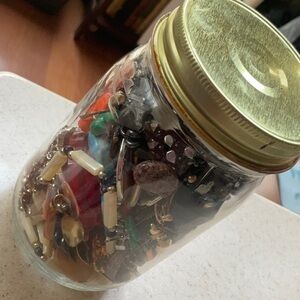 Jar of Jewelry lot junk for crafts or some to wear clip earrings too